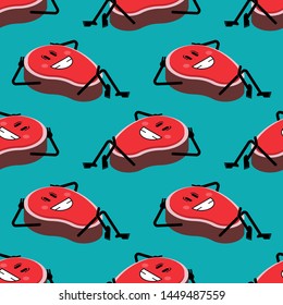 Steak happy pattern seamless. cartoon piece of meat background. Vector texture