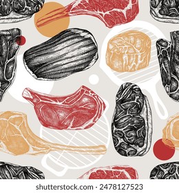 Steak house background. Collage style food seamless pattern. Raw steak vector sketches. Hand-drawn meat illustration. NOT AI generated