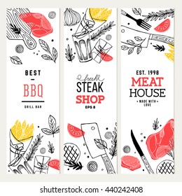 Steak house banner collection. Line art graphic. Restaurant template. Vector illustration