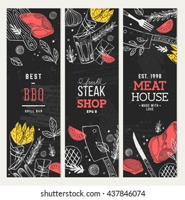 Steak house banner collection. Lineart graphic. Restaurant template. Vector illustration