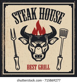 Steak house banner template. Bull head with fire. Design elements for logo, label, emblem, sign. Vector illustration