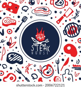 Steak House Banner Template with Meat Products Seamless Pattern Vector Illustration