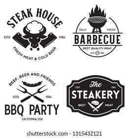 Steak House, barbecue, bbq party, restaurant logo templates. Collection elements for grill menu design. Vintage vector illustration.