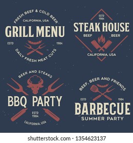 Steak House, barbecue, bbq party, restaurant logo templates. Collection elements for grill menu design. Vintage vector illustration.