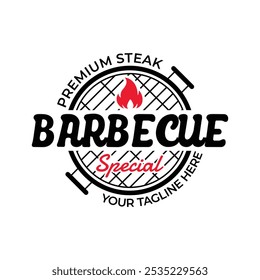 Steak House, barbecue restaurant logo, poster. BBQ trendy logo with barbecue grill. Vector emblem template.