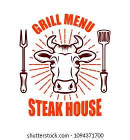 Steak house. Bull head  and crossed kitchen knives. Design element for logo, label, emblem. Vector illustration