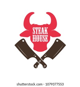 Steak house. Bull head silhouette and crossed meat cleavers. Design element for logo, label, emblem. Vector illustration