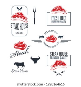 Steak house and butchery labels and emblems, meat store badge, vector