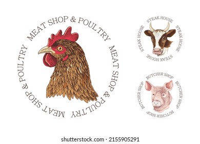 Steak house and butchery labels and emblems. Meat store badge. Vector illustration