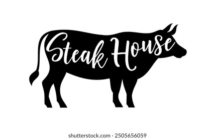 Steak house cow logo. Vector illustration. Retro style grill restaurant, bar emblem, badge, design, logotype template. Barbecue restaurant typography logo. Vintage design. Steakhouse vector cow logo.