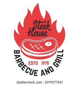 Steak house. Cutted meat and crossed meat cleavers. Design element for logo, label, emblem. Vector illustration