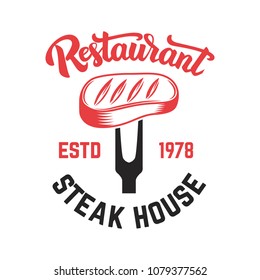 Steak house. Cutted meat and crossed meat cleavers. Design element for logo, label, emblem. Vector illustration