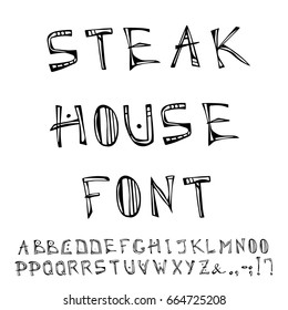 Steak House Decorative Meat Font, Alphabet. Realistic Doodle Cartoon Style Hand Drawn Sketch Vector Illustration.Isolated On A White Background.