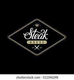 Steak house emblem with crossed knives. Handwritten calligraphy. Vector illustration.