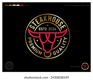 Emblema de steak house. Restaurante de carne o carnicería. La cabeza de toro estilizada y letras doradas en círculo. Identidad, icono de la aplicación.