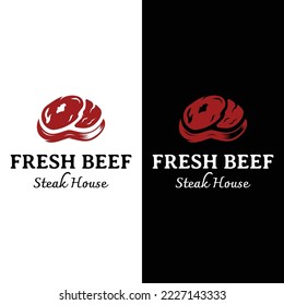 Steak house o el logotipo de la carne fresca. Carne a la parrilla de primera calidad. Insignia de tipografía para restaurante retro, bar y cafetería.