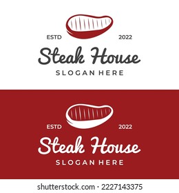 Steak house or fresh meat vintage logo.Premium quality grilled meat.Typography Badge for retro restaurant, bar and cafe.