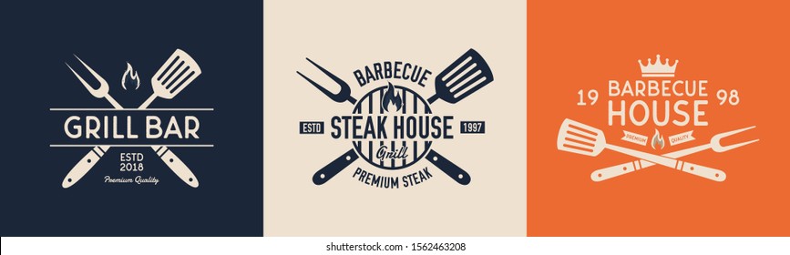 Steak House, Grill bar, Barbecue house vector logo templates. Vintage logo, label, badge, sticker design. Grill logo with barbecue grill ,spatula and grill fork. Vector illustration