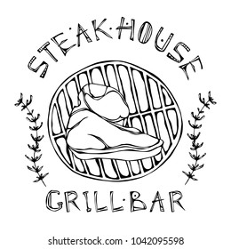 Steak House or Grill Bar Logo. Porterhouse Steak on a Grill . Beef Cut with Lettering in s Thyme Herb Frame. Meat Logo for Butcher Shop, Menu. Hand Drawn Illustration. Savoyar Doodle Style.