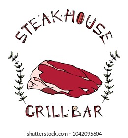 Steak House or Grill Bar Logo. Flank Steak Beef Cut with Lettering in s Thyme Herb Frame. Meat Logo for Butcher Shop, Menu. Hand Drawn Illustration. Savoyar Doodle Style.