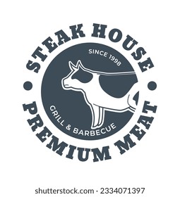 Steak house, grill and barbeque, premium meat and ingredients for cooking and preparing dishes. Beef since 1998, quality. Promotional banner or label, emblem or logotype. Vector in flat style