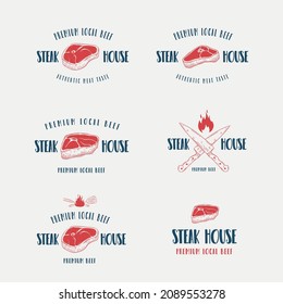 Handgezeichnetes Logo-Set aus Steak House. Illustrierte Vektorgrafik im Doodle-Stil.