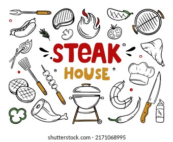 Steak house hand-drawn menu items of restaurant bar cafe Vector of barbecue food doodles