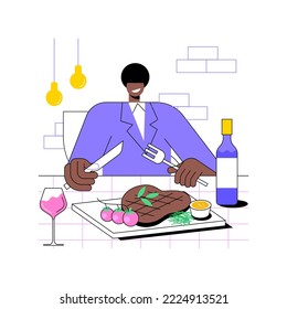 Steak house isolated cartoon vector illustrations. Hungry man cuts a juicy Argentinian t-bone steak with a knife, food menu, eating out, dining in restaurant, aged meat vector cartoon.