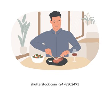 Steak house isolated cartoon vector illustrations. Hungry man cuts a juicy Argentinian t-bone steak with a knife, food menu, eating out, dining in restaurant, aged meat vector cartoon.