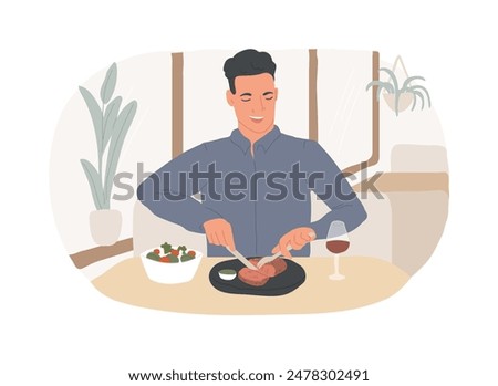 Steak house isolated cartoon vector illustrations. Hungry man cuts a juicy Argentinian t-bone steak with a knife, food menu, eating out, dining in restaurant, aged meat vector cartoon.