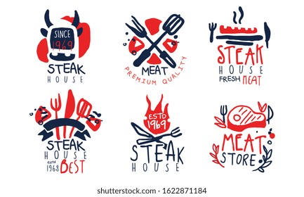 Steak House Labels Collection, Fresh Meat Premium Quality Retro Hand Drawn Badges Vector Illustration