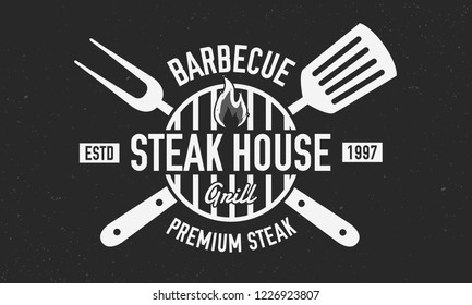 Steak House logo. BBQ logo with barbecue grill, spatula and grill fork isolated on black background. Vector emblem template.