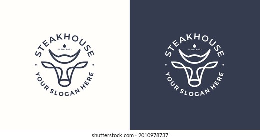 Steak house logo with bulls head. Vector illustration