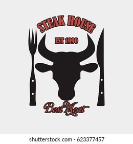 Steak house logo with bull's head, knife and fork. Emblem template for restaurant, grill bar. Vector illustration.