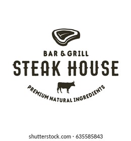 Steak house logo design. Bar and grill logotype, emblem. Food label in monochrome style. Stock vector badge. Isolated on white background.