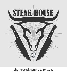Steak house logo design with bull head. Vector illustration