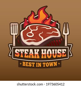 Steak House Logo Design. Perfect for the logo of the best steak house in town. Beef steak grilled over fire.