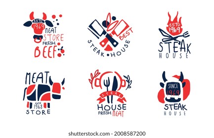 Juego de diseño de logotipos para Steak House, Tienda de carne Fresca Etiquetas Premium para carne con la mano Ilustración de vectores dibujados