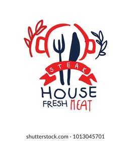 Steak house logo, fresh meat vintage label colorful hand drawn vector Illustration