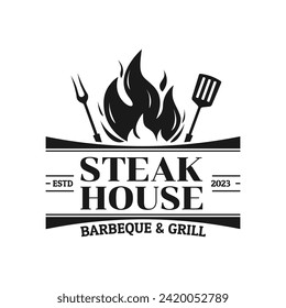 Steak house logo, icon or badge. Barbecue and grill label with fire flame. Meat restaurant design. Vector illustration.  