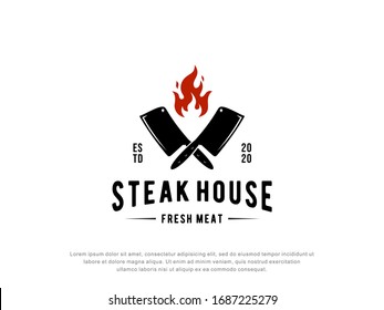 Steak house logo inspiration. Flame and knife. Food or kitchen  design template. Vector illustration concept