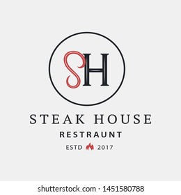 Steak House logo, label, badge, sign, emblem for barbecue, grill restaurant, steak house, meat store. Modern brush calligraphy. Vintage retro style. Vector illustration.