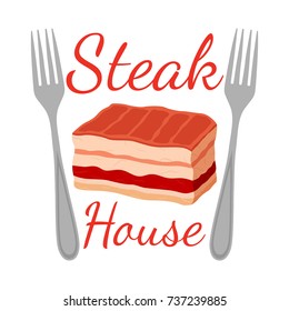 Steak house logo, label. Fork, meat. Made in cartoon flat style. Vector illustration