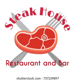Steak house logo, label. Fork, meat. Made in cartoon flat style. Vector illustration