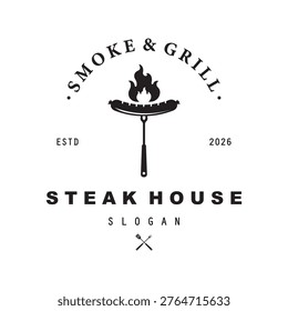 Steak house logo, smoke house logo, Barbeque logo design. Grill symbol with fire, grill pan, and sausage. Vintage BBQ logo vector