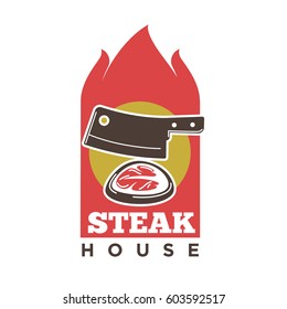 Steak house logo template of meat beefsteak grill on fire and hatchet knife for barbecue or gourmet restaurant and butchery shop