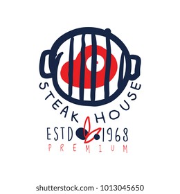 Steak house logo template premium estd 1968, vintage label colorful hand drawn vector Illustration