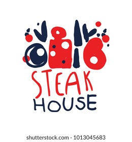 Steak house logo template, vintage label colorful hand drawn vector Illustration