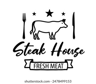 Steak house logo. Vector illustration. Retro style grill restaurant, bar emblem, badge, design, logotype template. Barbecue restaurant typography logo. Vintage design. Steakhouse vector template logo.