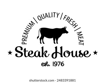 Steak house logo. Vector illustration. Retro style grill restaurant, bar emblem, badge, design, logotype template. Barbecue restaurant typography logo. Vintage design. Steakhouse vector template logo.